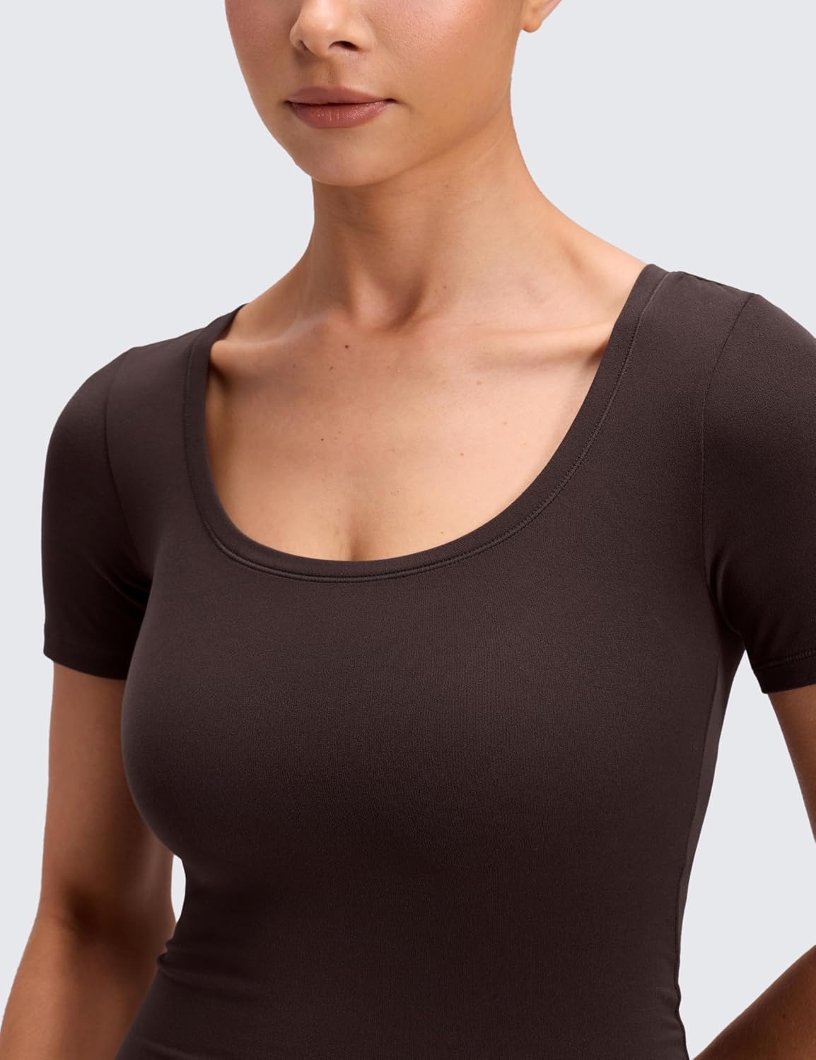 image:imageCRZ YOGA Softembrace Scoop Neck Tops for Women Casual Soft Going Out Short Sleeve Shirts Sexy U Neck Tight Fitted TeesHot Fudge Brown