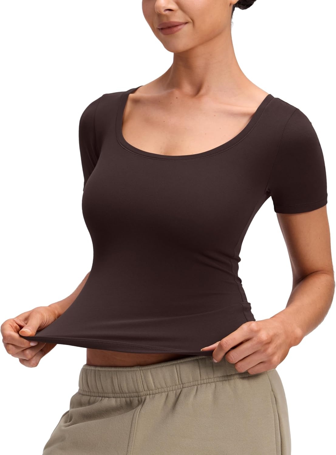 image:imageCRZ YOGA Softembrace Scoop Neck Tops for Women Casual Soft Going Out Short Sleeve Shirts Sexy U Neck Tight Fitted TeesHot Fudge Brown