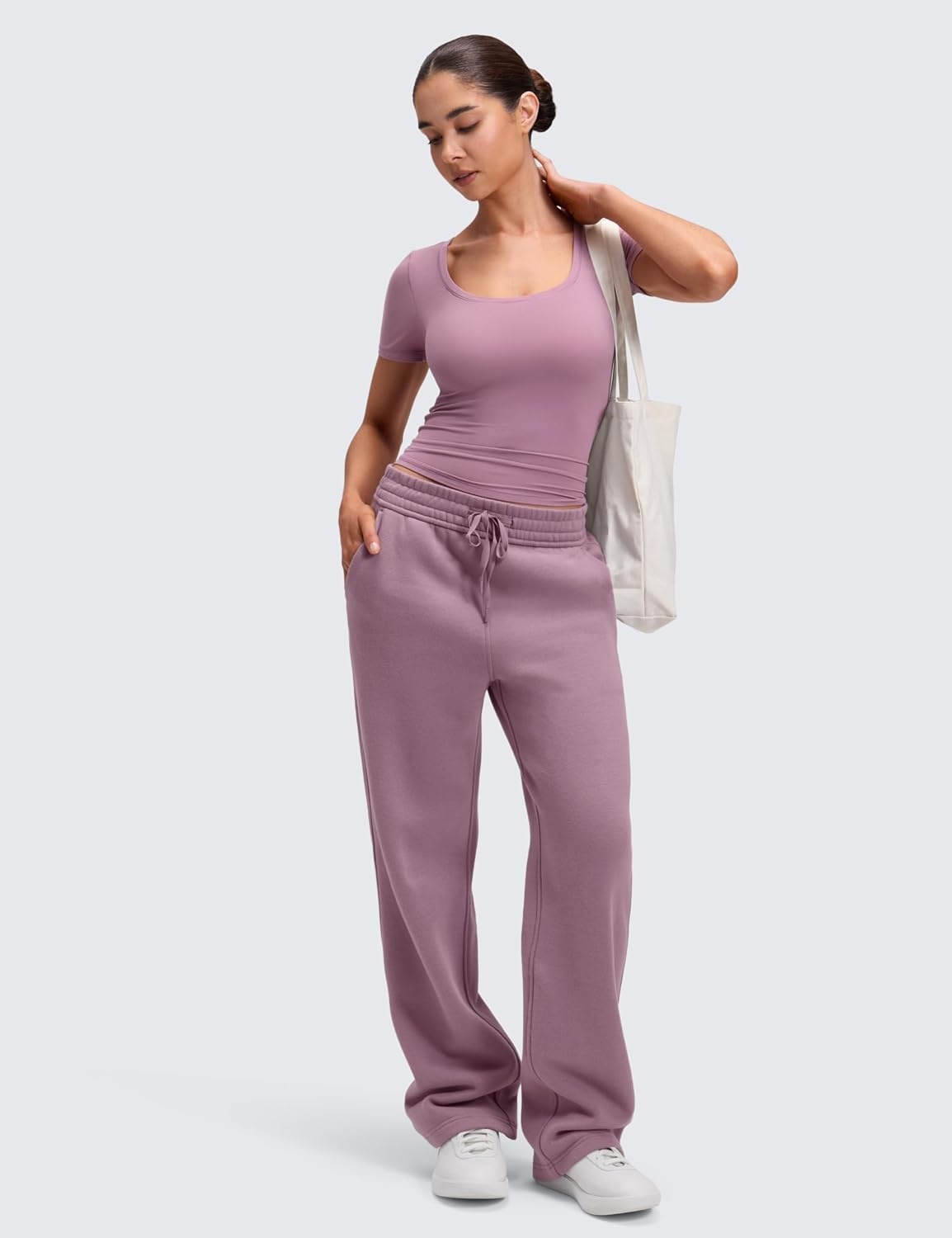 image:imageCRZ YOGA Softembrace Scoop Neck Tops for Women Casual Soft Going Out Short Sleeve Shirts Sexy U Neck Tight Fitted TeesLight Lavender