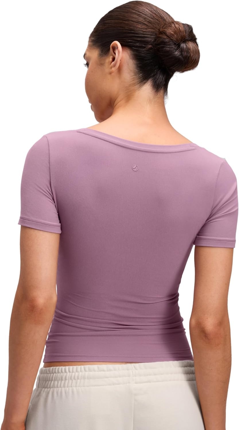 image:imageCRZ YOGA Softembrace Scoop Neck Tops for Women Casual Soft Going Out Short Sleeve Shirts Sexy U Neck Tight Fitted TeesLight Lavender
