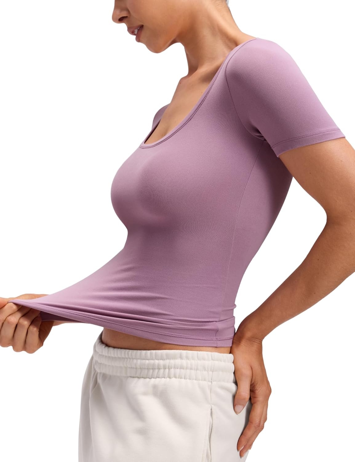 image:imageCRZ YOGA Softembrace Scoop Neck Tops for Women Casual Soft Going Out Short Sleeve Shirts Sexy U Neck Tight Fitted TeesLight Lavender