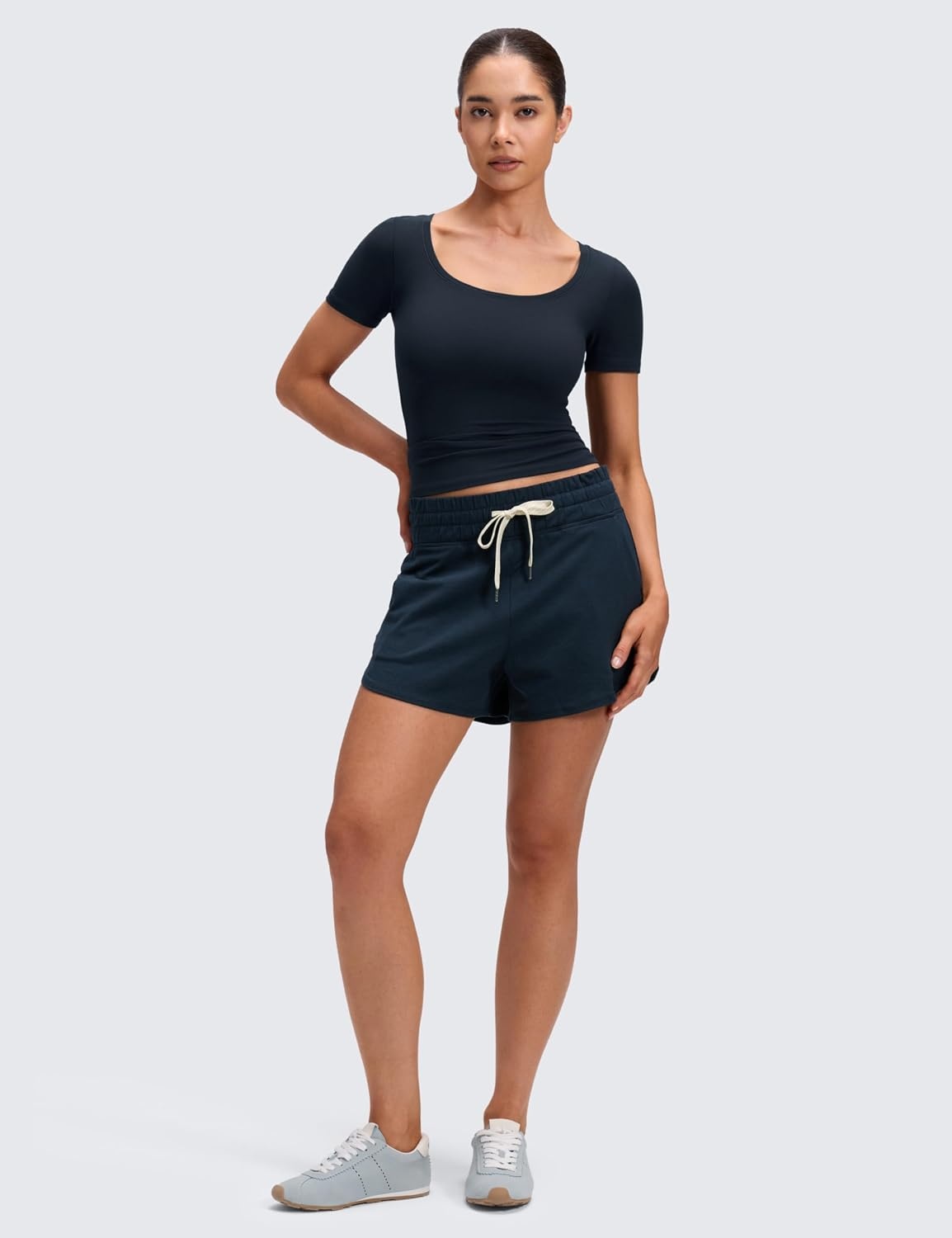 image:imageCRZ YOGA Softembrace Scoop Neck Tops for Women Casual Soft Going Out Short Sleeve Shirts Sexy U Neck Tight Fitted TeesTrue Navy
