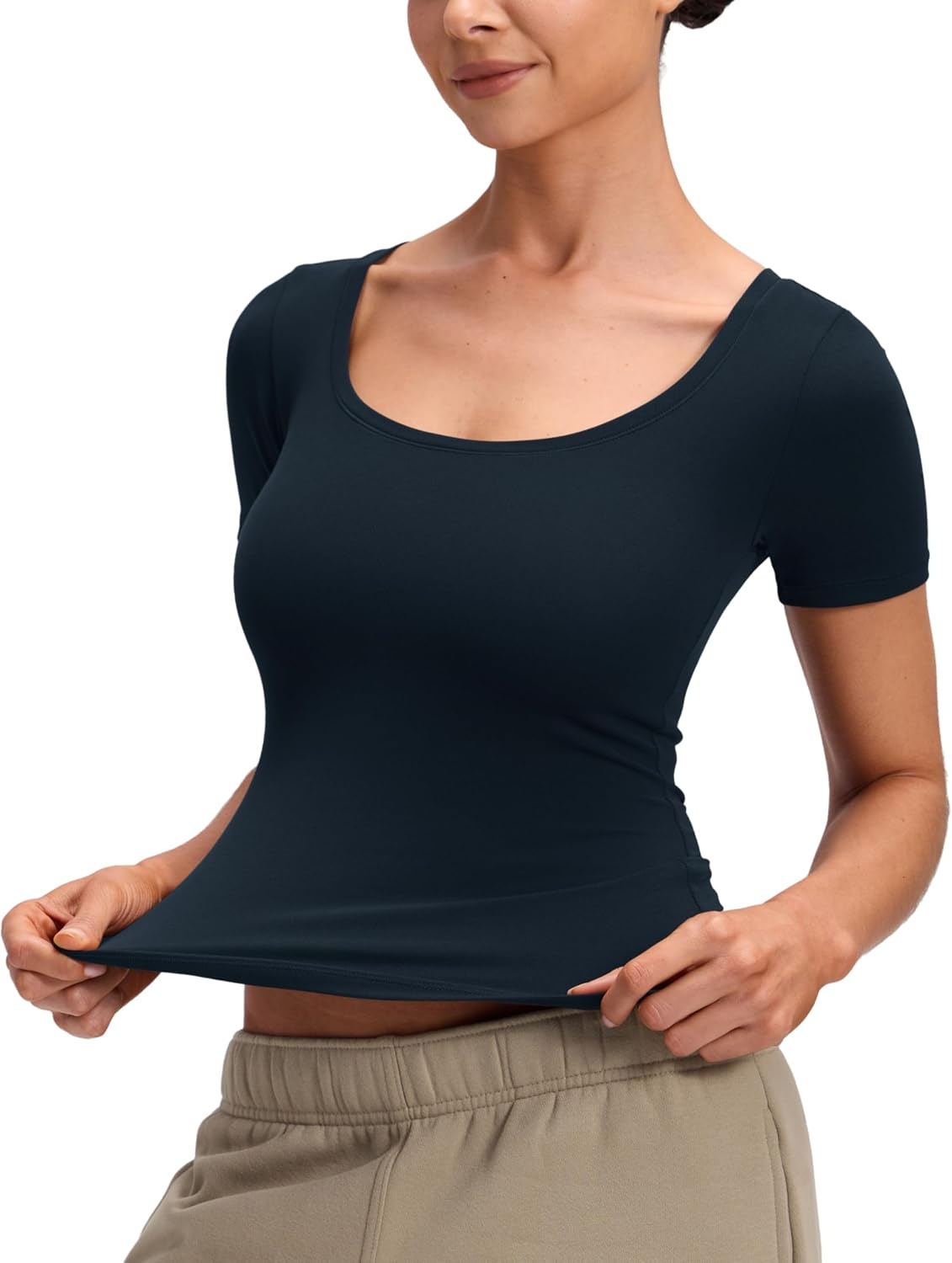 image:imageCRZ YOGA Softembrace Scoop Neck Tops for Women Casual Soft Going Out Short Sleeve Shirts Sexy U Neck Tight Fitted TeesTrue Navy