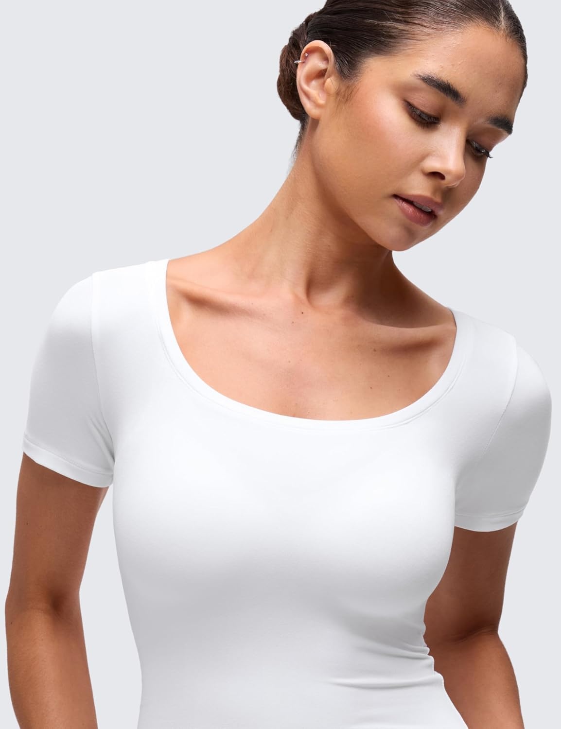 image:imageCRZ YOGA Softembrace Scoop Neck Tops for Women Casual Soft Going Out Short Sleeve Shirts Sexy U Neck Tight Fitted TeesWhite