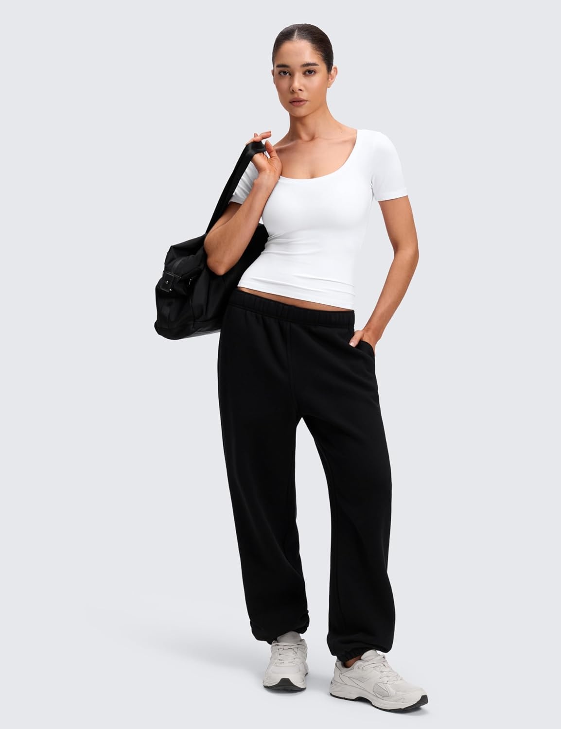 image:imageCRZ YOGA Softembrace Scoop Neck Tops for Women Casual Soft Going Out Short Sleeve Shirts Sexy U Neck Tight Fitted TeesWhite