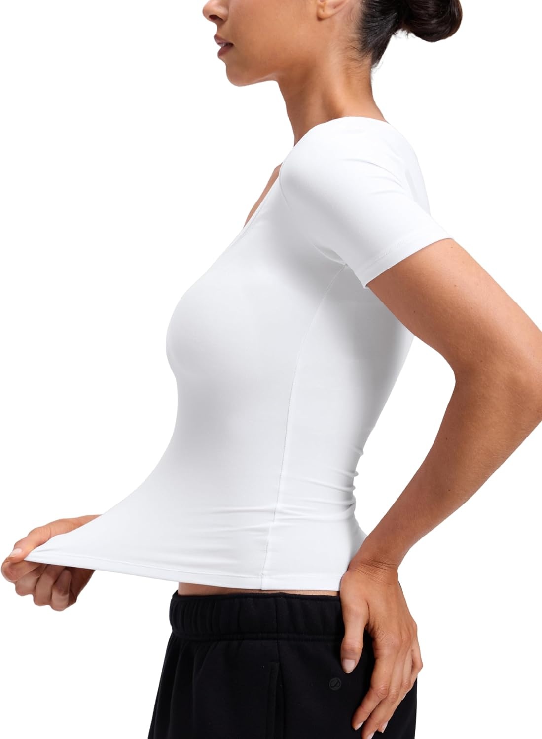 image:imageCRZ YOGA Softembrace Scoop Neck Tops for Women Casual Soft Going Out Short Sleeve Shirts Sexy U Neck Tight Fitted TeesWhite