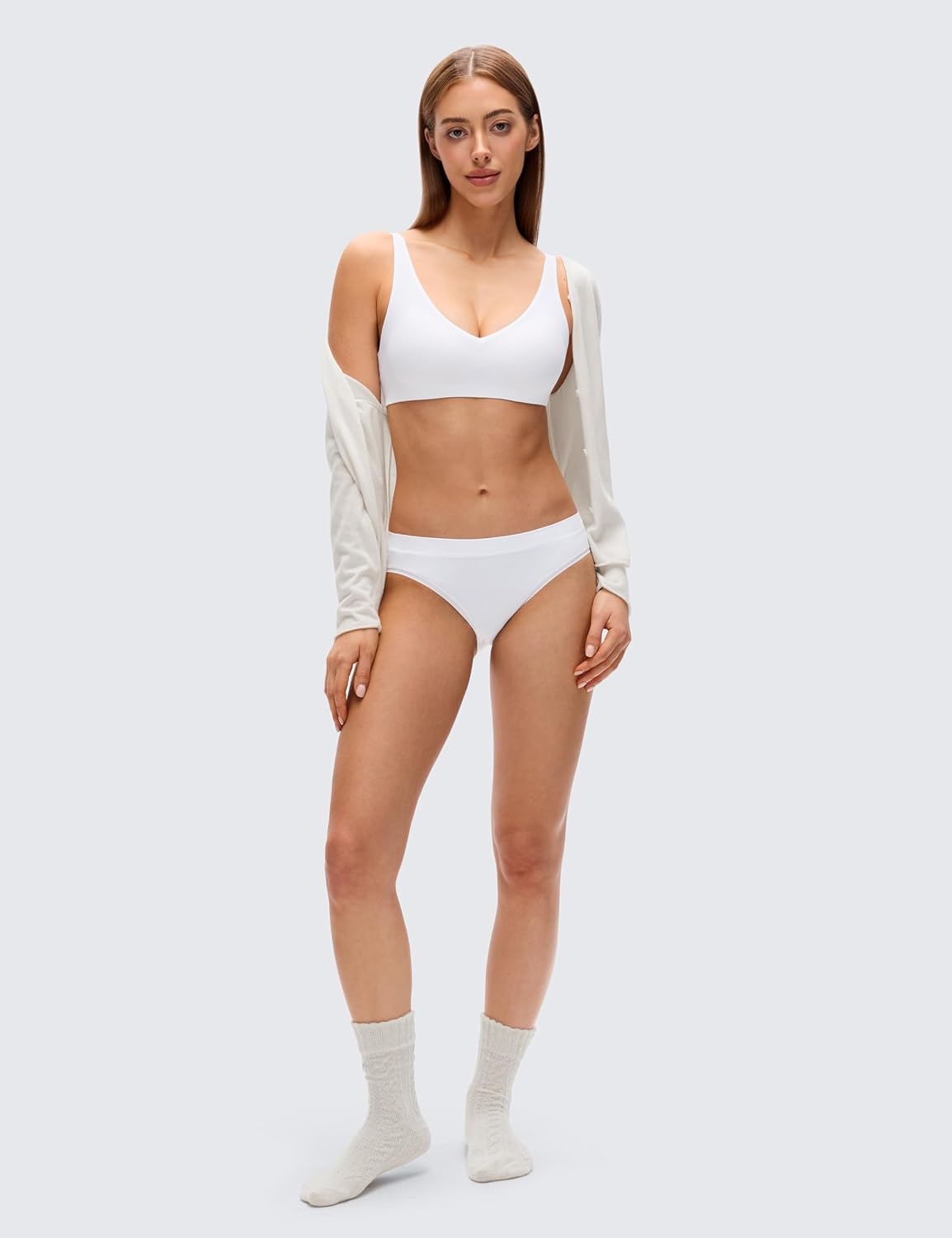 image:imageCRZ YOGA Softhold Double Lined Deep V Bralette Womens Adjustable Straps Wireless Plunge TShirt Everyday Bra Comfy SmoothSnow White