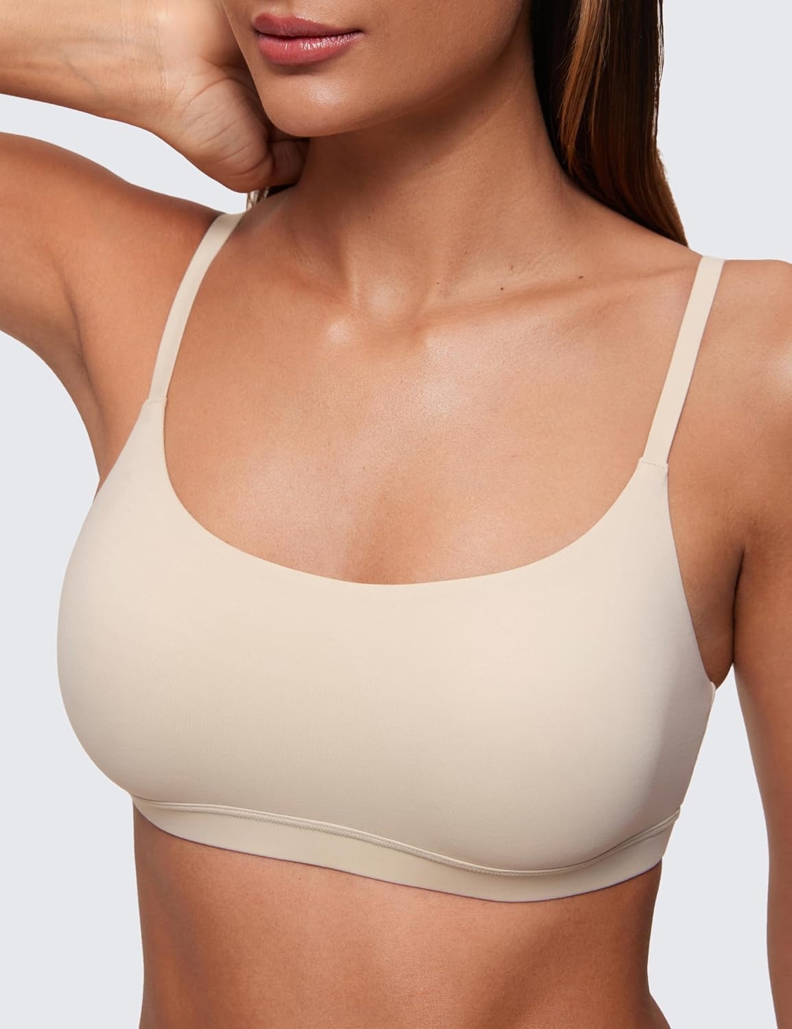 image:imageCRZ YOGA Softhold Double Lined Scoop Neck Bralette Womens Adjustable Straps Cami Wireless Sleep TShirt Everyday BraMojave Tan 2