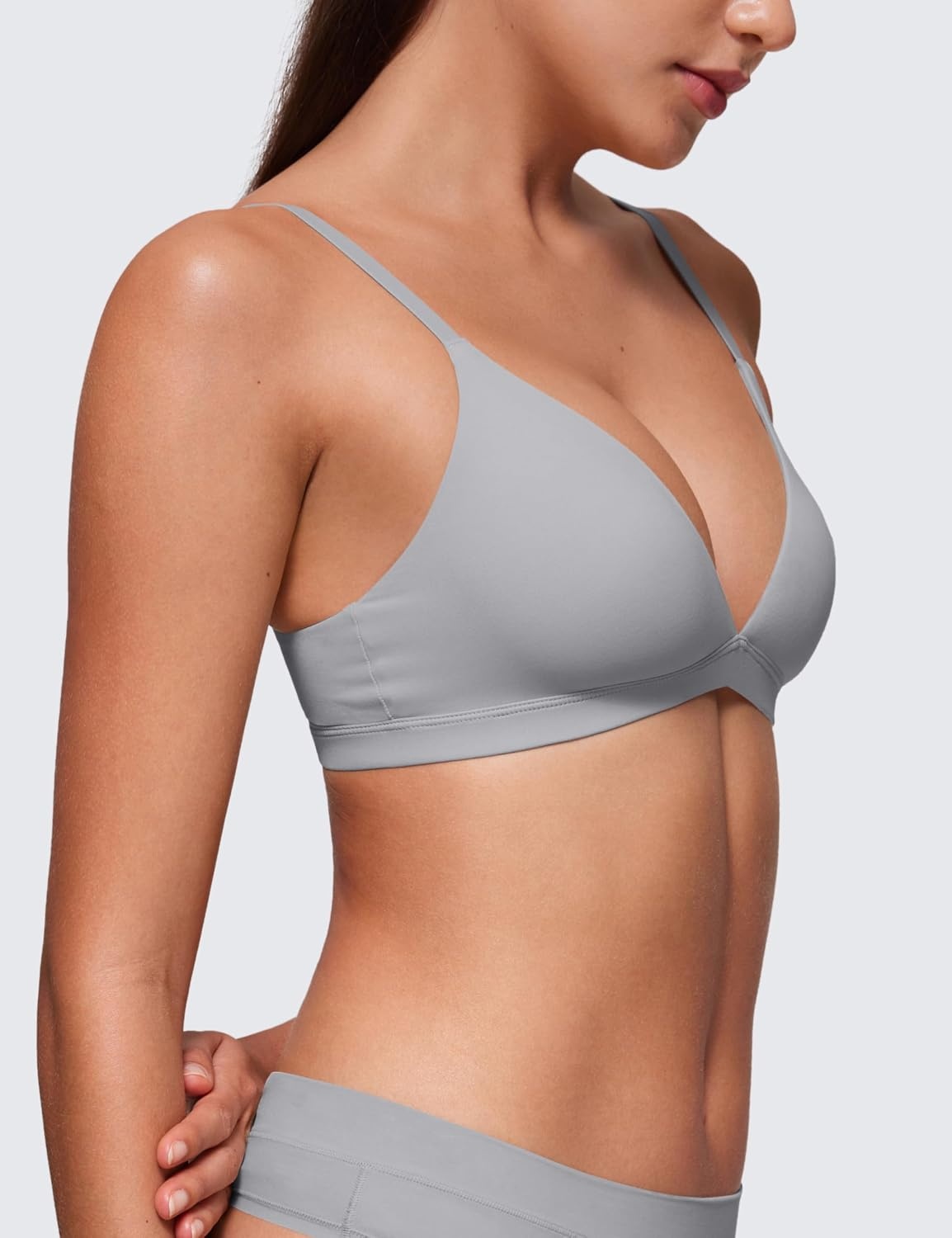 image:imageCRZ YOGA Softhold Double Lined Triangle Bralette Womens Adjustable Straps Wireless Cami Plunge TShirt Everyday Bra ComfyRhino Grey
