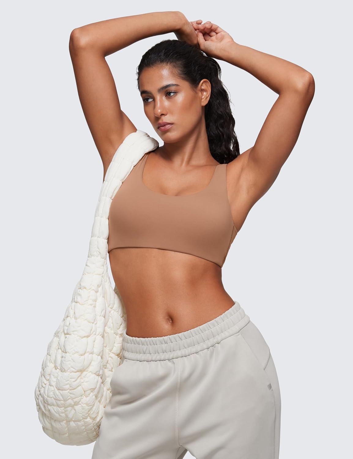 image:imageCRZ YOGA Softhold Double Lined U Back Bralette Womens Scoop Neck Lounge TShirt Everyday Bras Smooth Wireless CamiGravel Beige