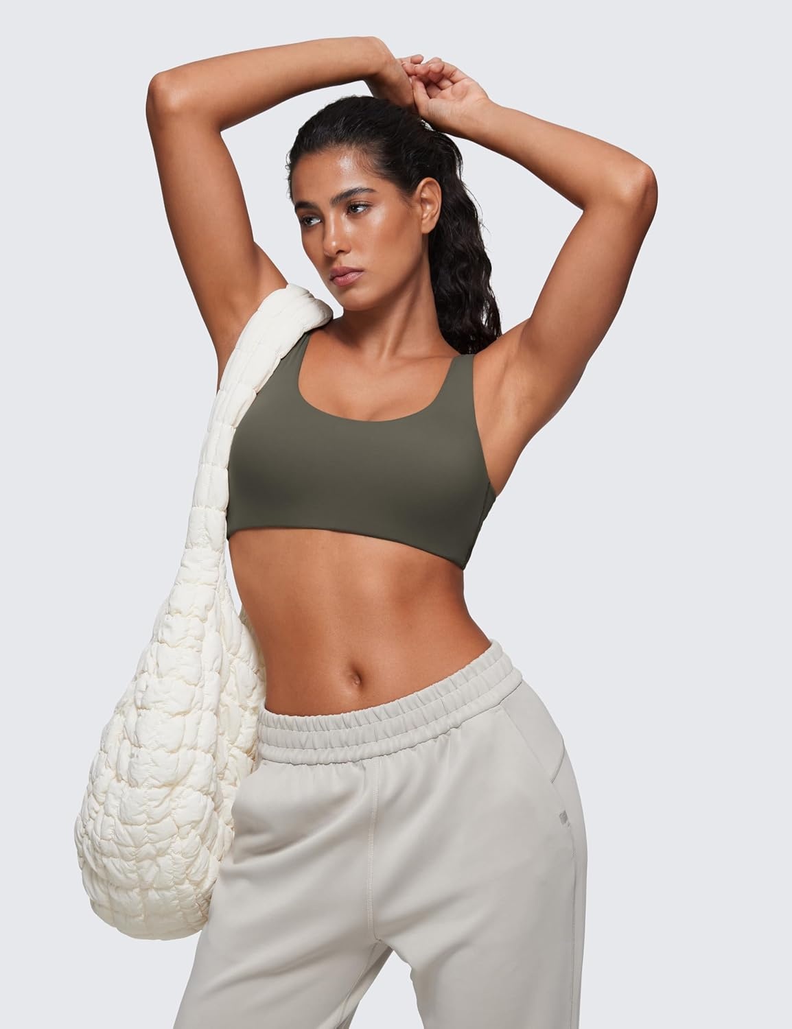 image:imageCRZ YOGA Softhold Double Lined U Back Bralette Womens Scoop Neck Lounge TShirt Everyday Bras Smooth Wireless CamiLight Army Green
