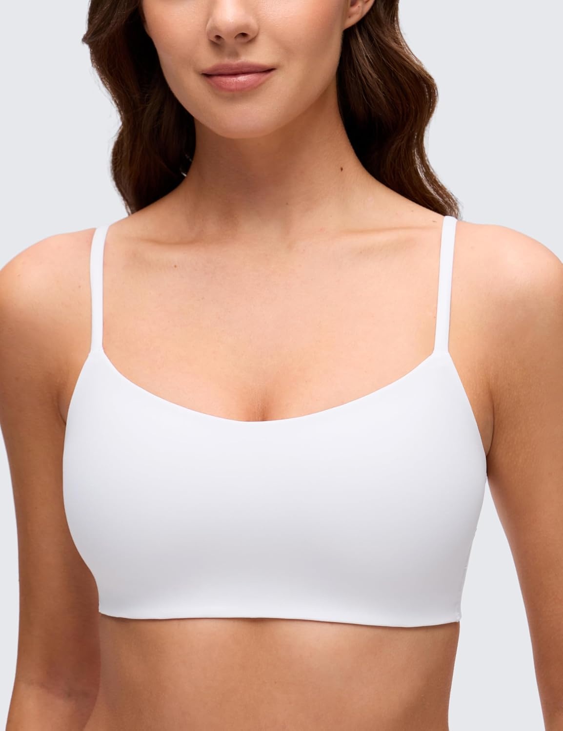 image:imageCRZ YOGA Softhold Mold V Neck Bralette for Women Adjustable Spaghetti Lounge TShirt Everyday Bra No Underwire Comfort CamiSnow White