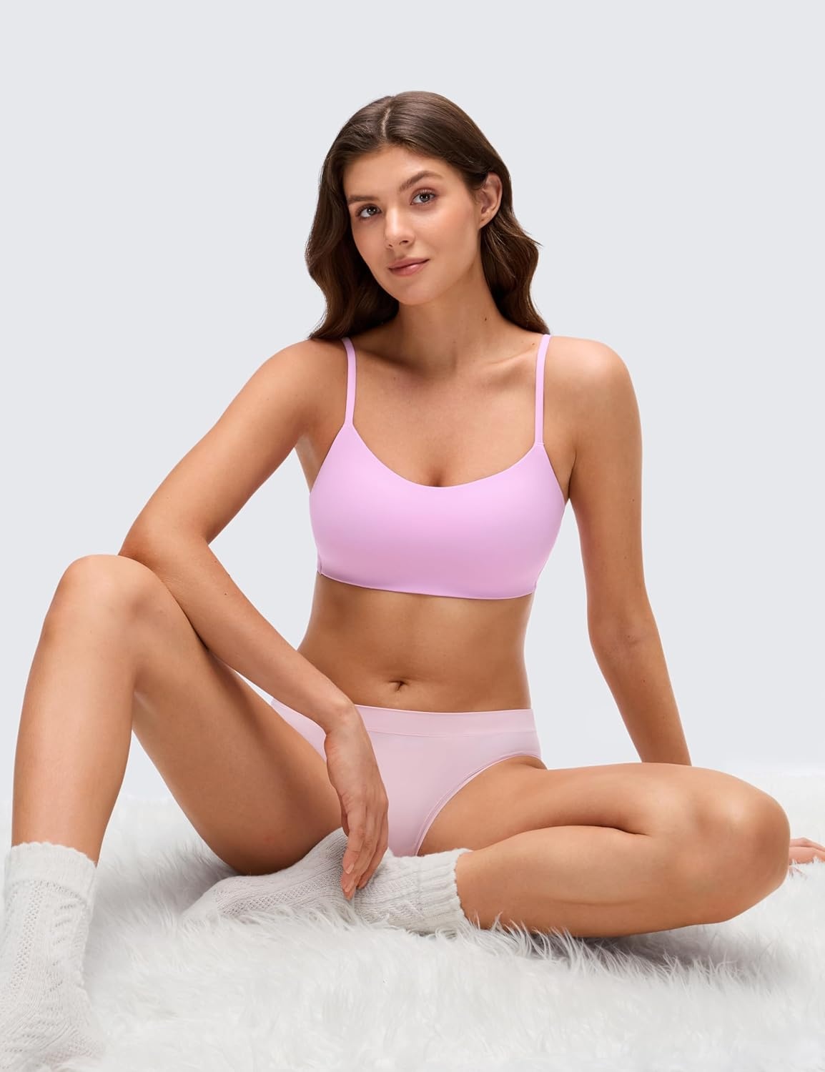 image:imageCRZ YOGA Softhold Mold V Neck Bralette for Women Adjustable Spaghetti Lounge TShirt Everyday Bra No Underwire Comfort CamiVita Pink