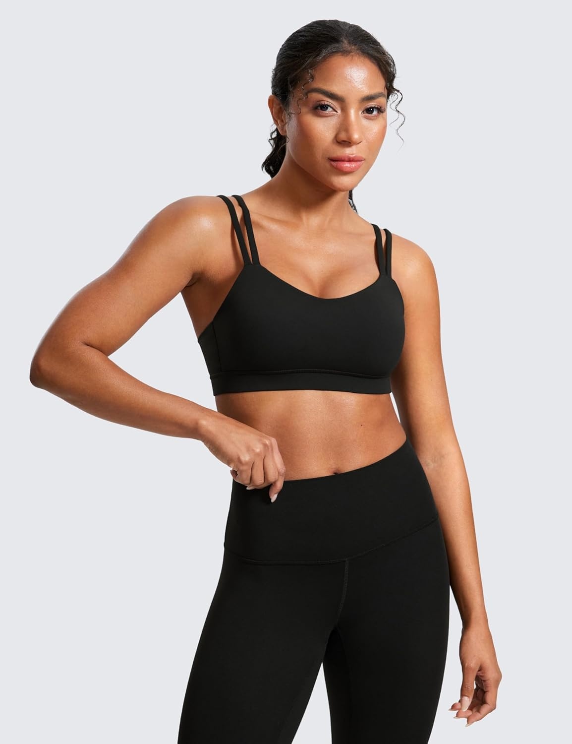 image:imageCRZ YOGA Softness Mold Butterluxe V Neck Sports Bras for Women Workout Top Double Spaghetti Straps Wireless Yoga ClothesBlack