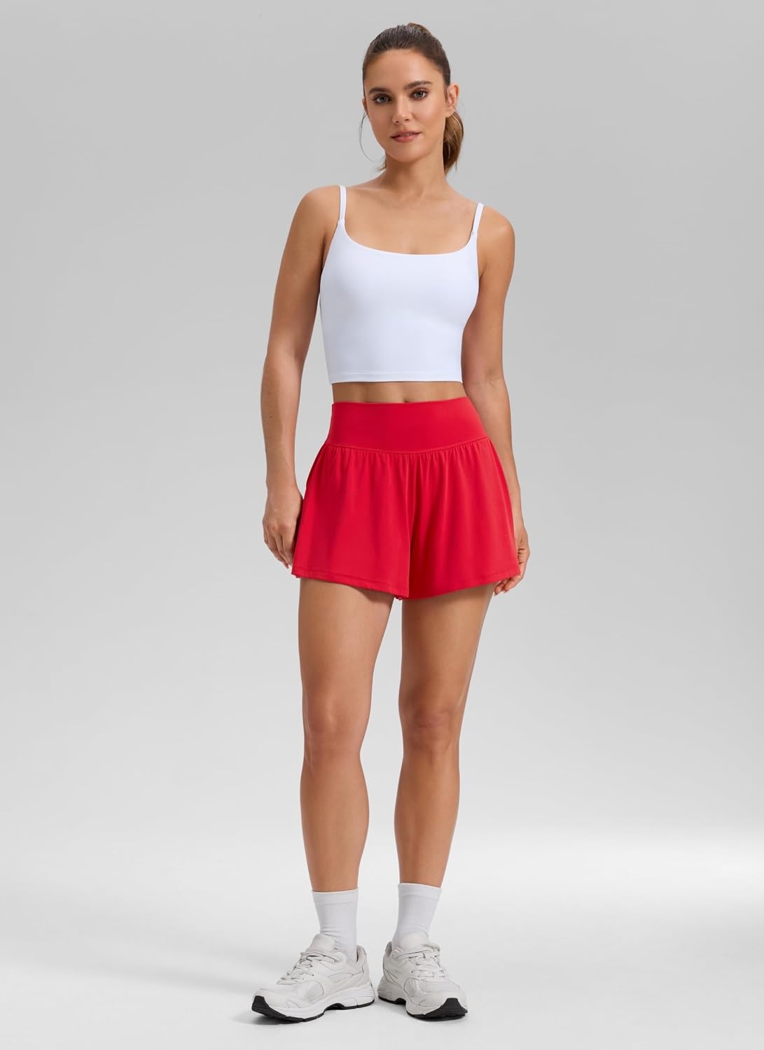 image:imageCRZ YOGA Softretch 2 in 1 Flowy Shorts for Women High Waisted Causal Yoga Lounge Workout with PocketsAurora Red