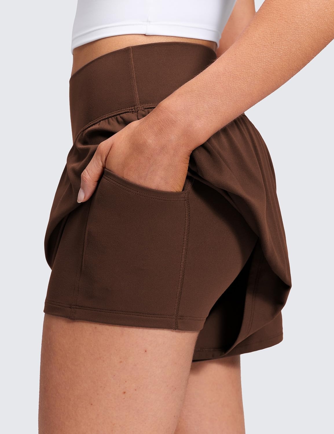 image:imageCRZ YOGA Softretch 2 in 1 Flowy Shorts for Women High Waisted Causal Yoga Lounge Workout with PocketsLava Brown