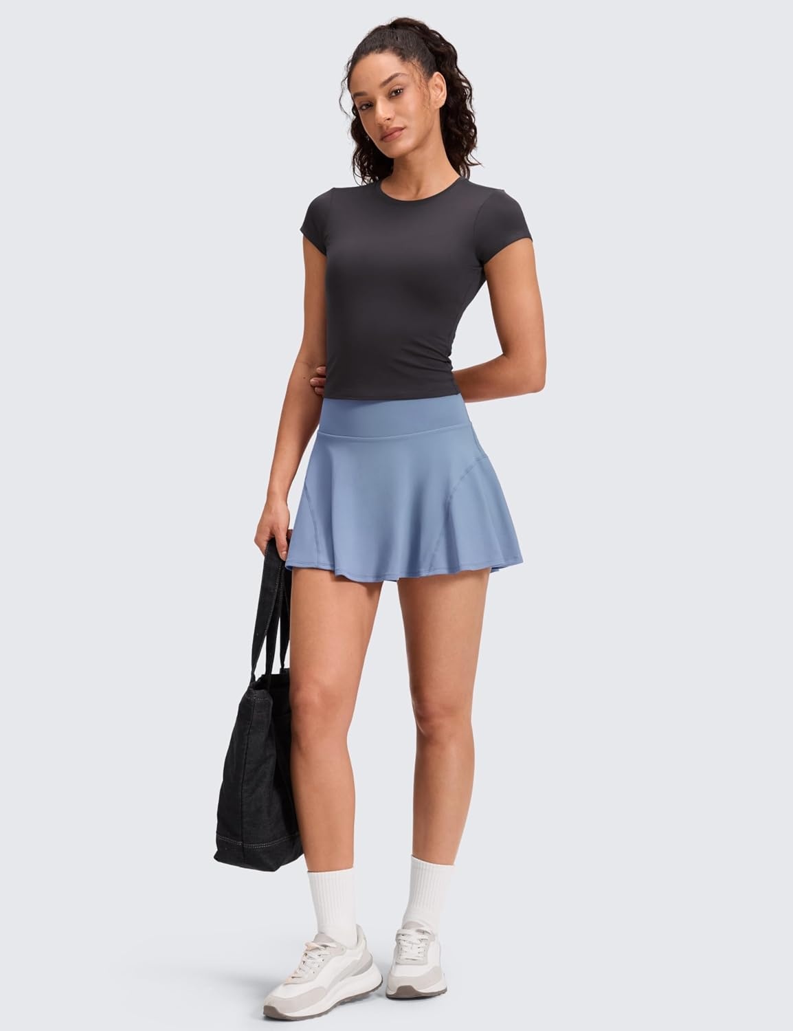 image:imageCRZ YOGA Softretch Flowy Pleated Tennis Skirts for Women High Rise Mini Golf Casual Skort with Inner Shorts Side PocketsWashed Denim