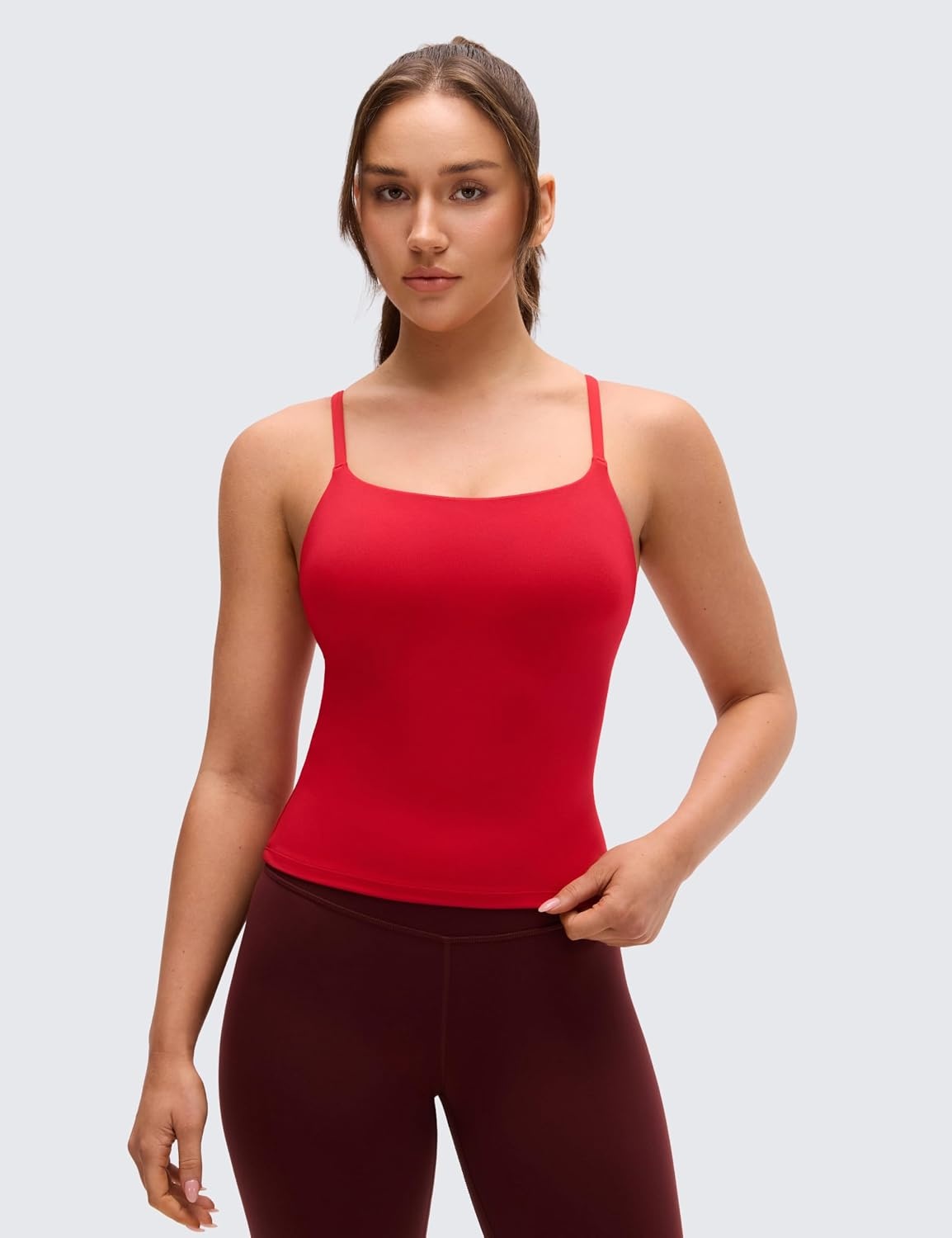 image:imageCRZ YOGA Softretch U Back Camisole Tank Tops for Women Scoop Neck Padded Spaghetti Straps Soft Yoga Crop TopAurora Red
