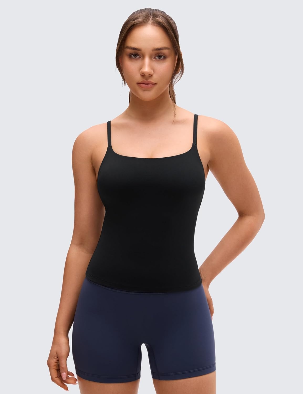 image:imageCRZ YOGA Softretch U Back Camisole Tank Tops for Women Scoop Neck Padded Spaghetti Straps Soft Yoga Crop TopBlack