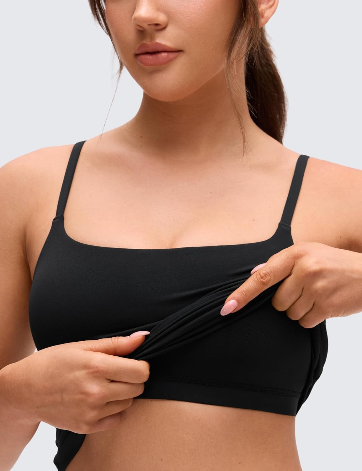 image:imageCRZ YOGA Softretch U Back Camisole Tank Tops for Women Scoop Neck Padded Spaghetti Straps Soft Yoga Crop TopBlack