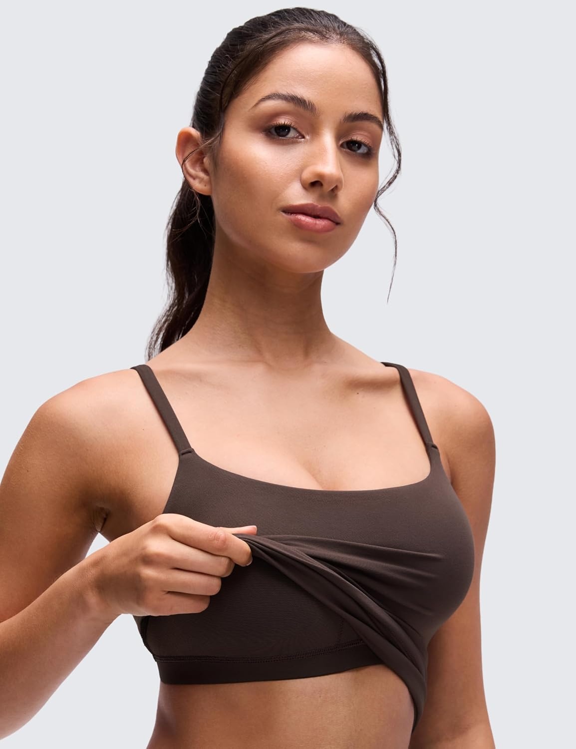 image:imageCRZ YOGA Softretch U Back Camisole Tank Tops for Women Scoop Neck Padded Spaghetti Straps Soft Yoga Crop TopClay Brown