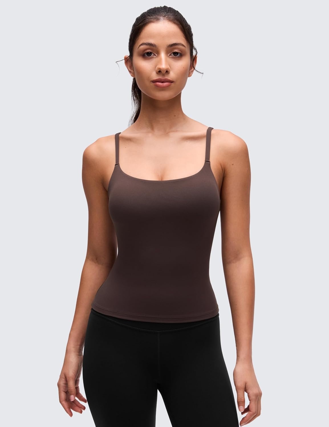 image:imageCRZ YOGA Softretch U Back Camisole Tank Tops for Women Scoop Neck Padded Spaghetti Straps Soft Yoga Crop TopClay Brown