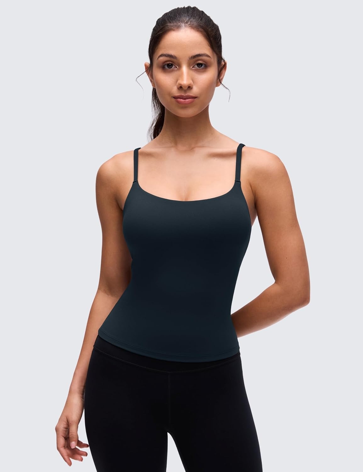 image:imageCRZ YOGA Softretch U Back Camisole Tank Tops for Women Scoop Neck Padded Spaghetti Straps Soft Yoga Crop TopTrue Navy