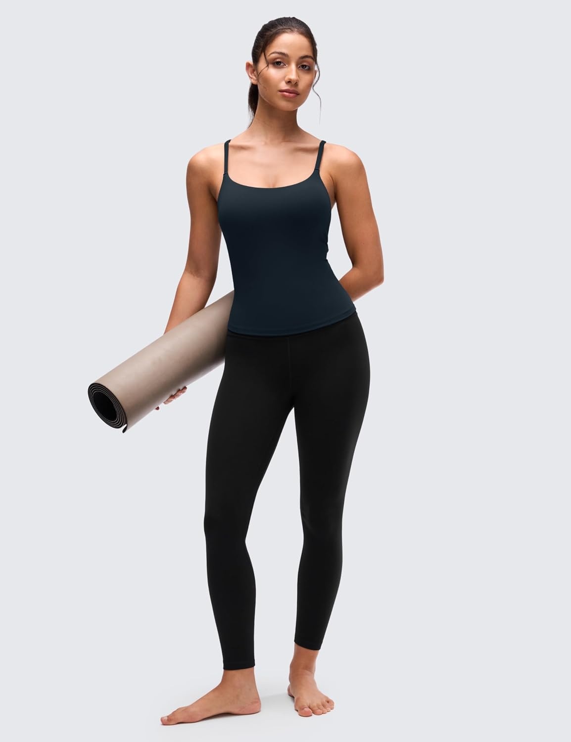 image:imageCRZ YOGA Softretch U Back Camisole Tank Tops for Women Scoop Neck Padded Spaghetti Straps Soft Yoga Crop TopTrue Navy
