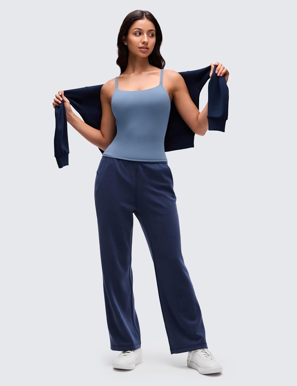 image:imageCRZ YOGA Softretch U Back Camisole Tank Tops for Women Scoop Neck Padded Spaghetti Straps Soft Yoga Crop TopWashed Denim