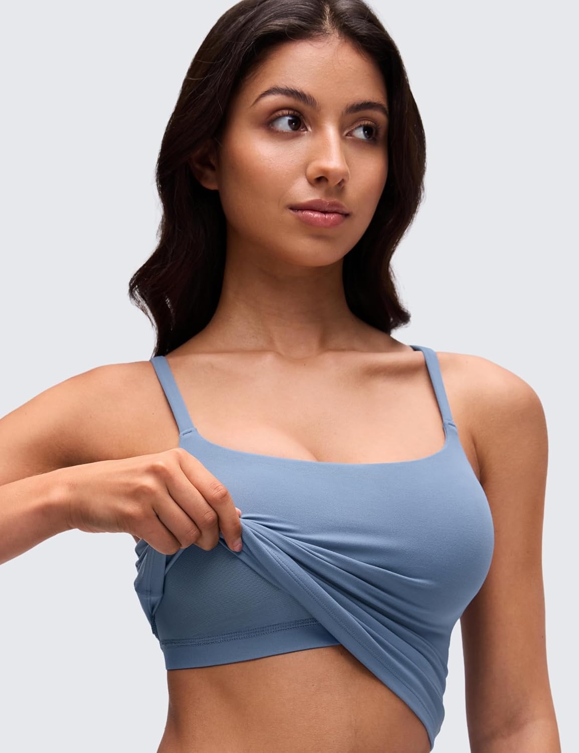 image:imageCRZ YOGA Softretch U Back Camisole Tank Tops for Women Scoop Neck Padded Spaghetti Straps Soft Yoga Crop TopWashed Denim
