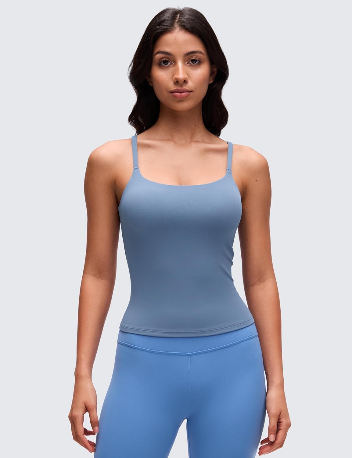 image:imageCRZ YOGA Softretch U Back Camisole Tank Tops for Women Scoop Neck Padded Spaghetti Straps Soft Yoga Crop TopWashed Denim
