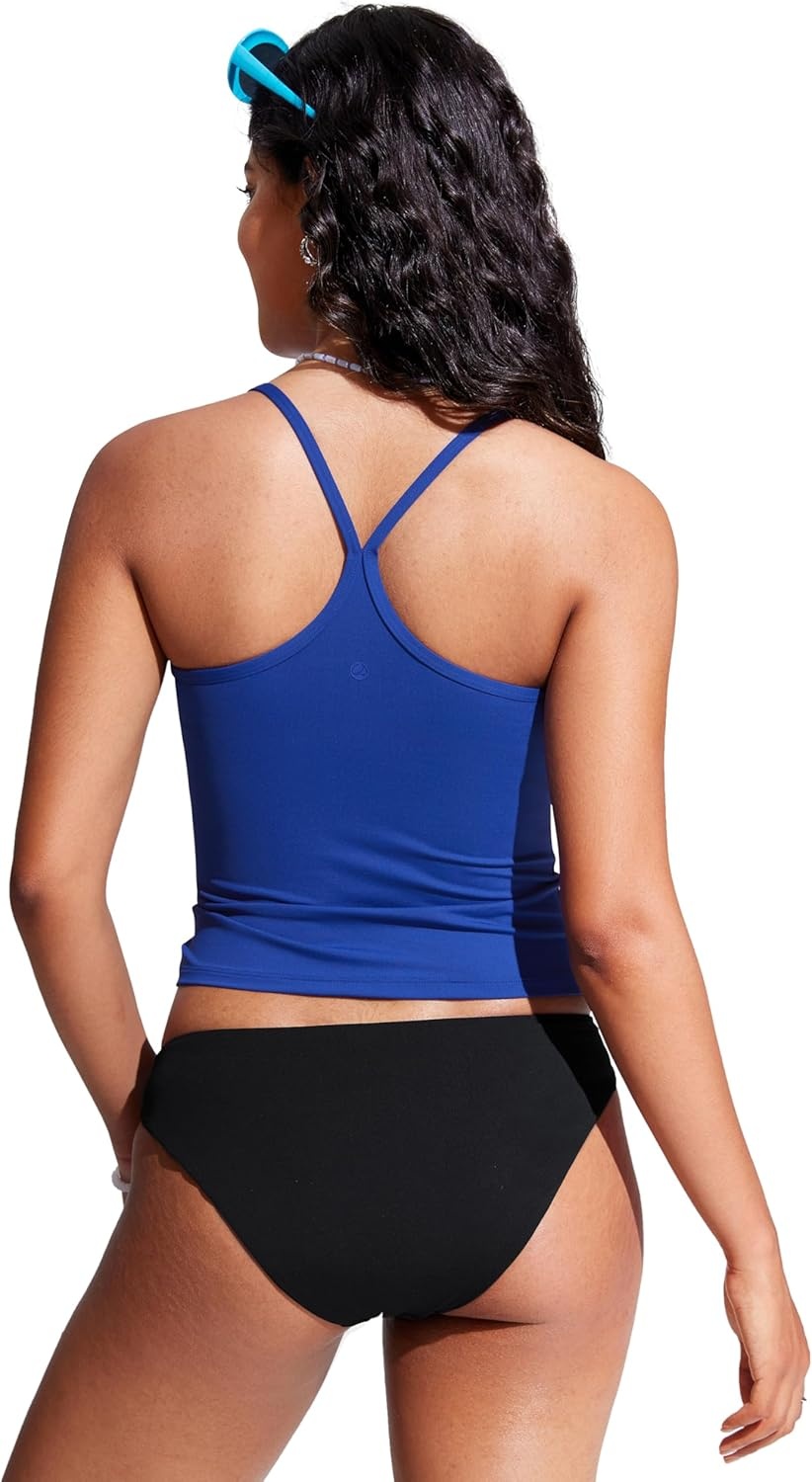 image:imageCRZ YOGA Spaghetti Straps Tankini Tops for Women Padded Racerback Scoop Neck Bathing Suit Crop Swim TankWaves Blue