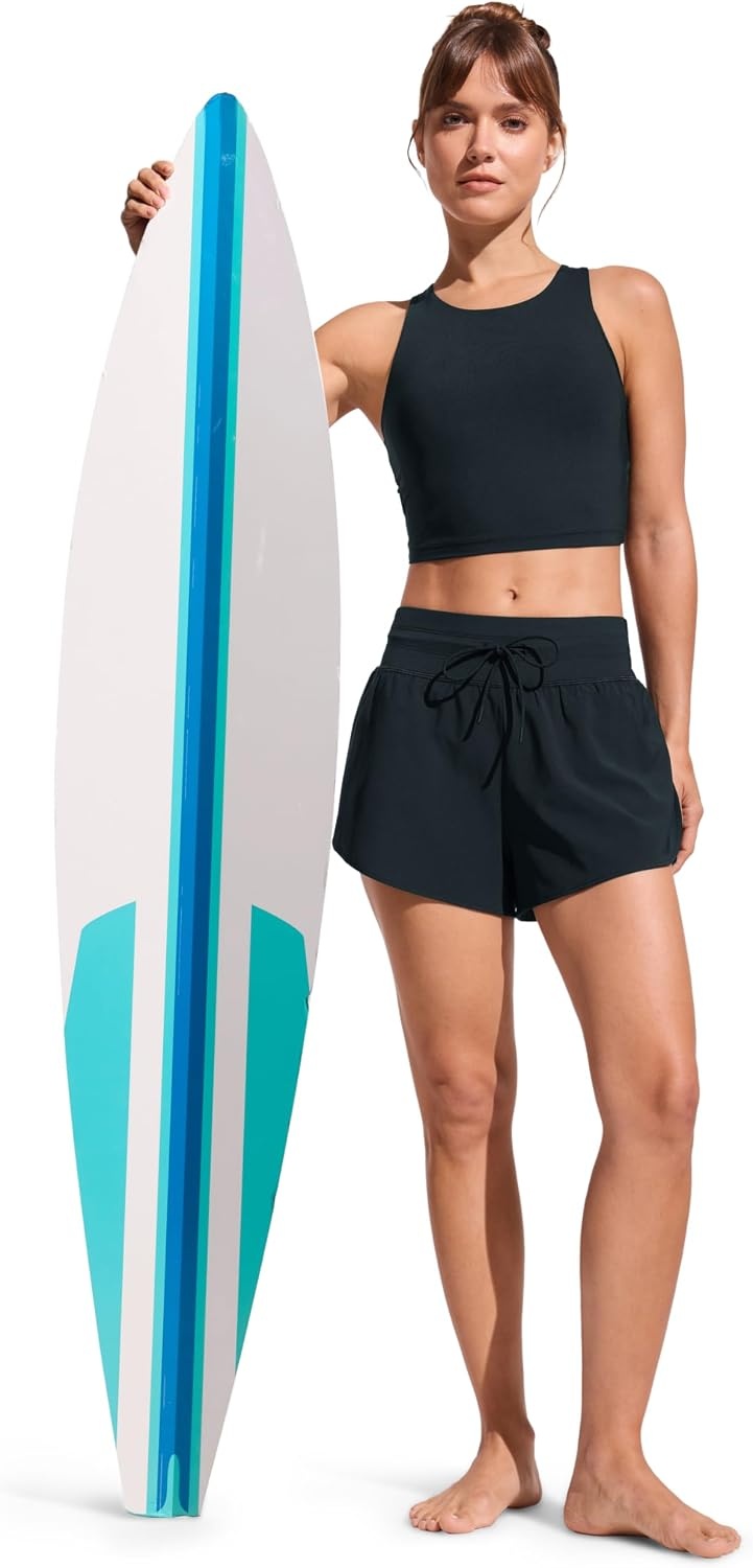 image:imageCRZ YOGA Split Dolphin Board Shorts for Women High Waisted Overlay Swim Skorts Bathing Suit Bottoms with Brief LinerTrue Navy