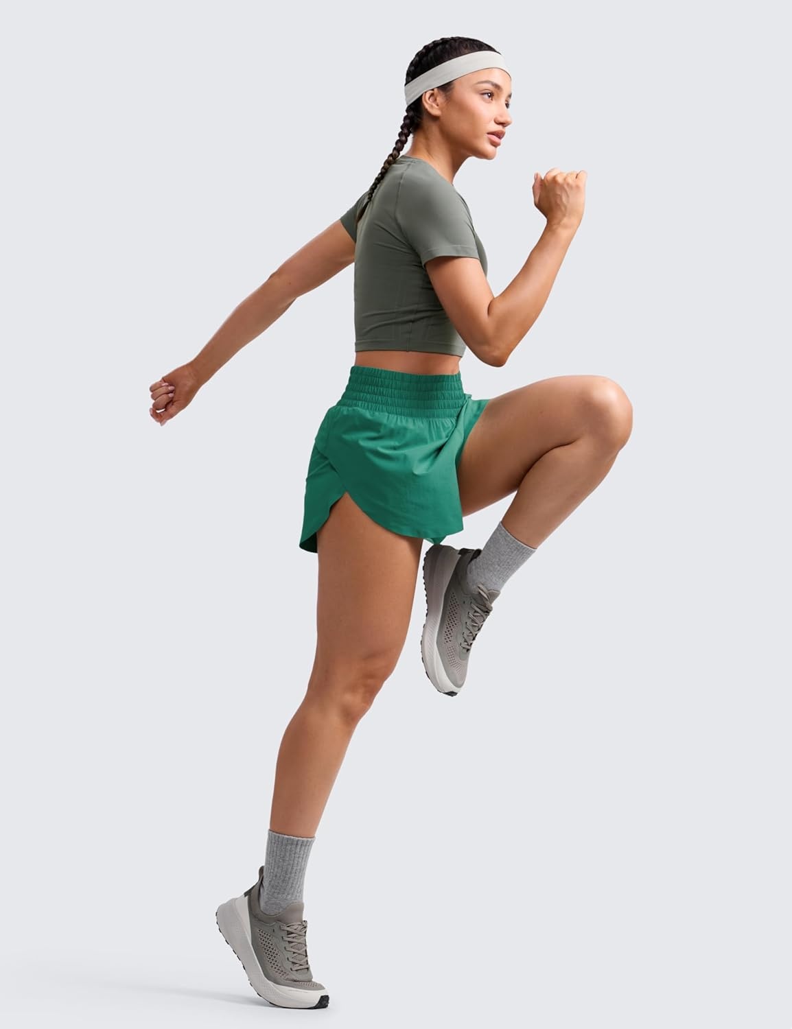 image:imageCRZ YOGA Split Dolphin Running Shorts for Women 25 Curved Back High Waisted Quick Dry for Athletic Workout Gym TrackCascadia Green