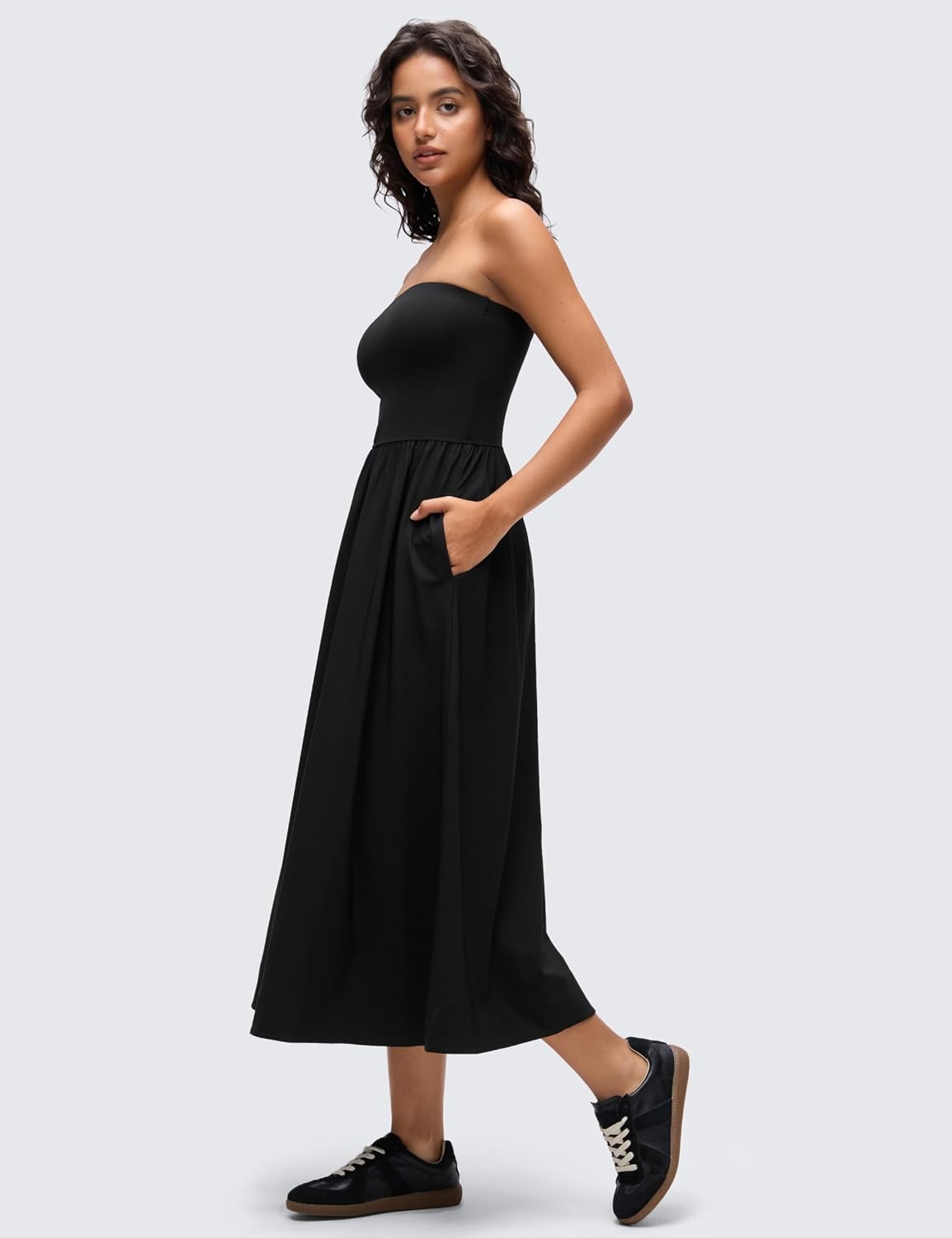 image:imageCRZ YOGA Strapless Tube Top Maxi Dress for Women Sleeveless Off Shoulder Flowy Casual Travel Outfits with Side PocketsBlack