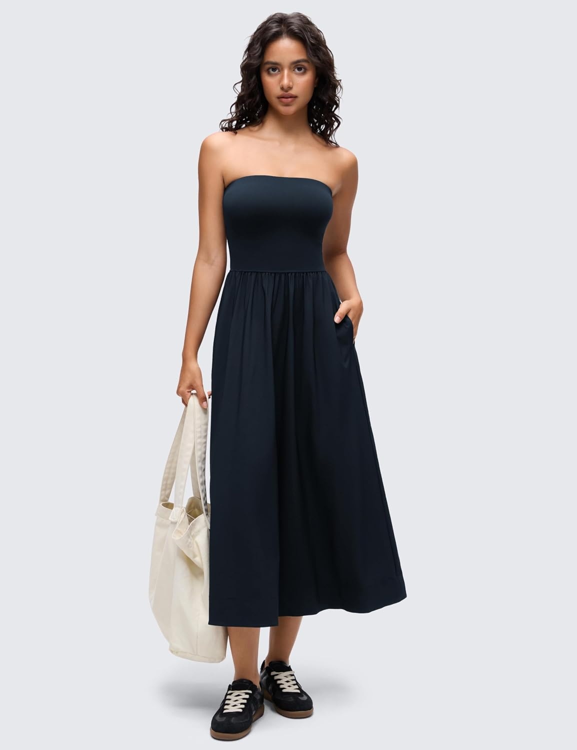 image:imageCRZ YOGA Strapless Tube Top Maxi Dress for Women Sleeveless Off Shoulder Flowy Casual Travel Outfits with Side PocketsTrue Navy