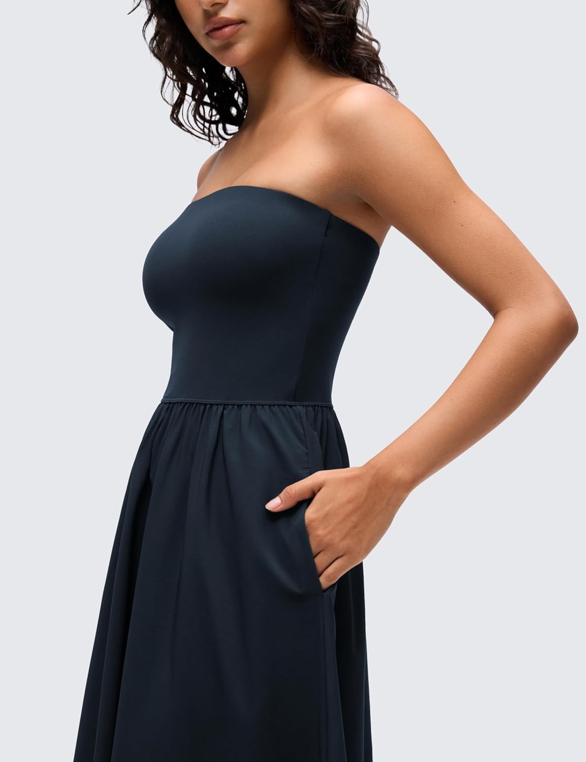image:imageCRZ YOGA Strapless Tube Top Maxi Dress for Women Sleeveless Off Shoulder Flowy Casual Travel Outfits with Side PocketsTrue Navy