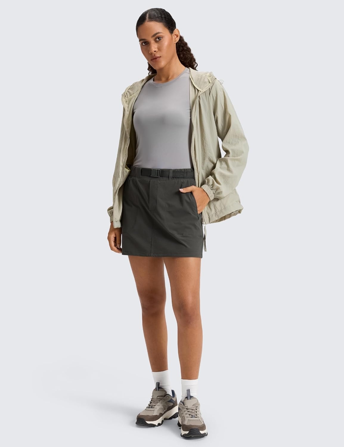 image:imageCRZ YOGA Stretch Adjustable Waist Hiking Skirts for Women Mini Lined High Rise Quick Dry Casual Skorts with Zipper PocketsArbor Olive
