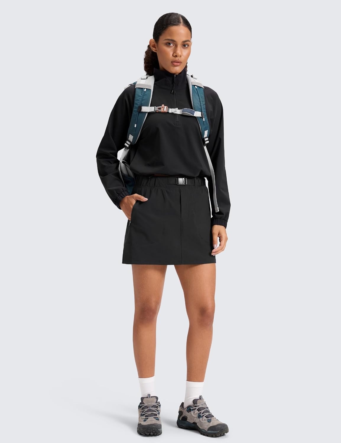 image:imageCRZ YOGA Stretch Adjustable Waist Hiking Skirts for Women Mini Lined High Rise Quick Dry Casual Skorts with Zipper PocketsBlack