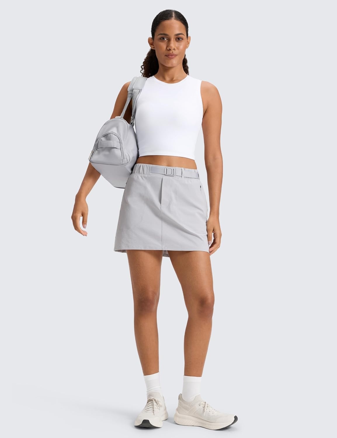 image:imageCRZ YOGA Stretch Adjustable Waist Hiking Skirts for Women Mini Lined High Rise Quick Dry Casual Skorts with Zipper PocketsPlatinum Grey
