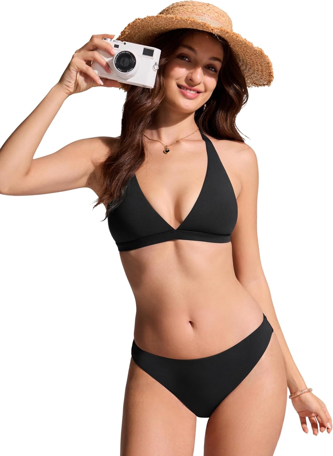 image:imageCRZ YOGA TBack Triangle Bikini Tops for Women Padded Sexy V Neck Bathing Swimsuits BraBlack