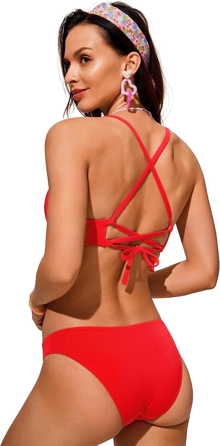 image:imageCRZ YOGA Tie Back Bikini Tops for Women Padded Lace Up V Neck Swim Bathing Suit BraDark Red