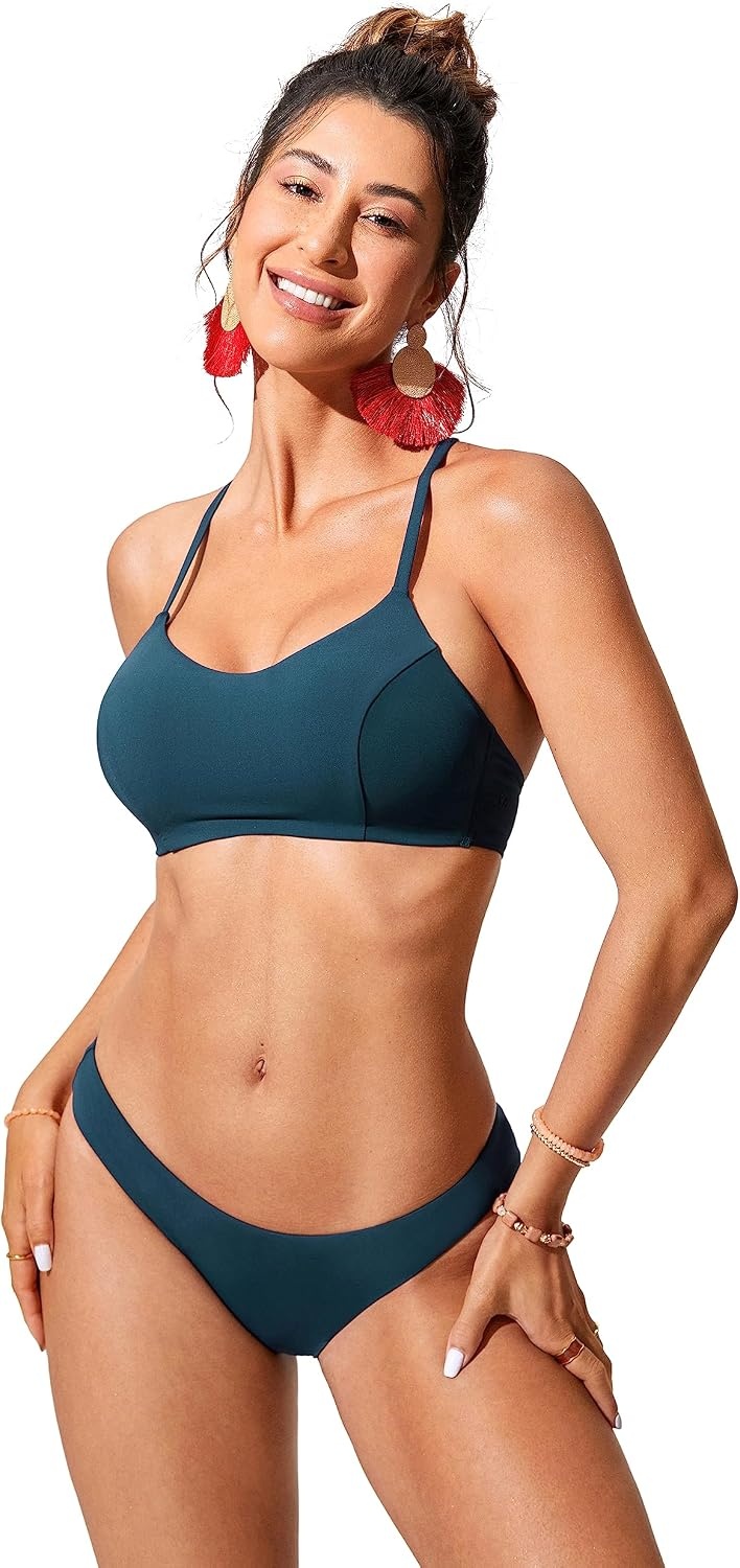 image:imageCRZ YOGA Tie Back Bikini Tops for Women Padded Lace Up V Neck Swim Bathing Suit BraInsignia Blue