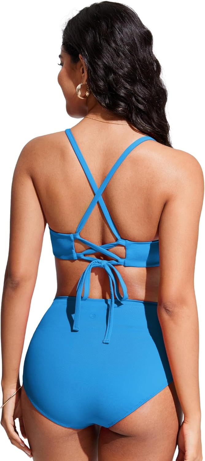 image:imageCRZ YOGA Tie Back Bikini Tops for Women Padded Lace Up V Neck Swim Bathing Suit BraMadagascar Blue