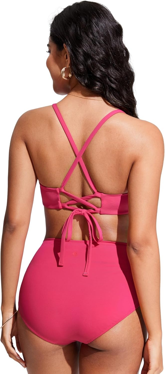 image:imageCRZ YOGA Tie Back Bikini Tops for Women Padded Lace Up V Neck Swim Bathing Suit BraMagenta