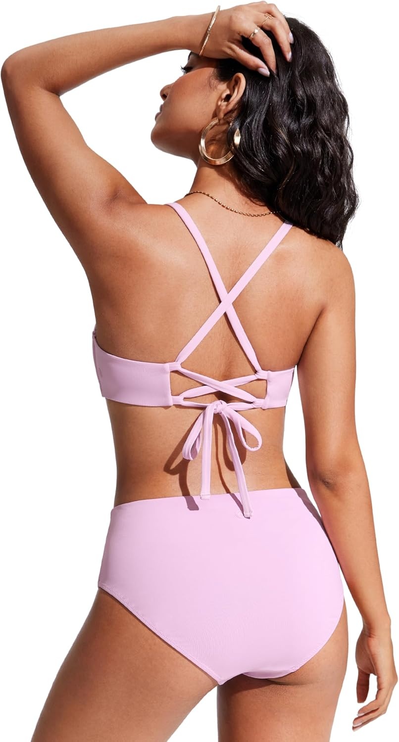 image:imageCRZ YOGA Tie Back Bikini Tops for Women Padded Lace Up V Neck Swim Bathing Suit BraPink Peony