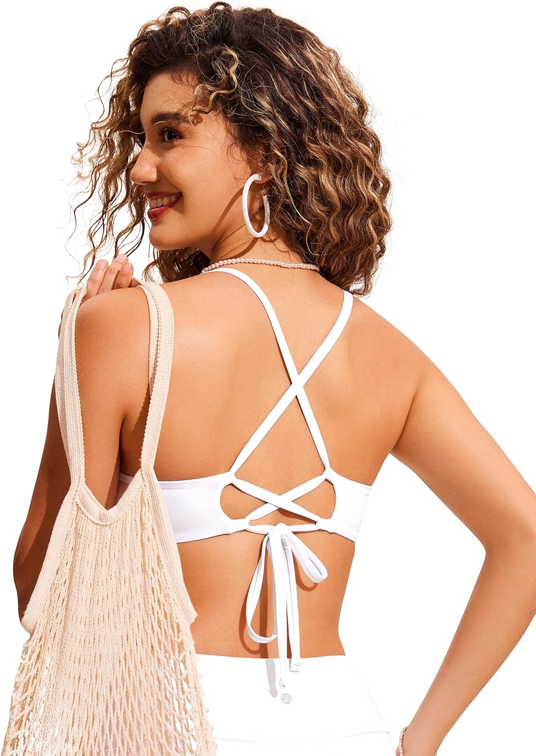 image:imageCRZ YOGA Tie Back Bikini Tops for Women Padded Lace Up V Neck Swim Bathing Suit BraWhite