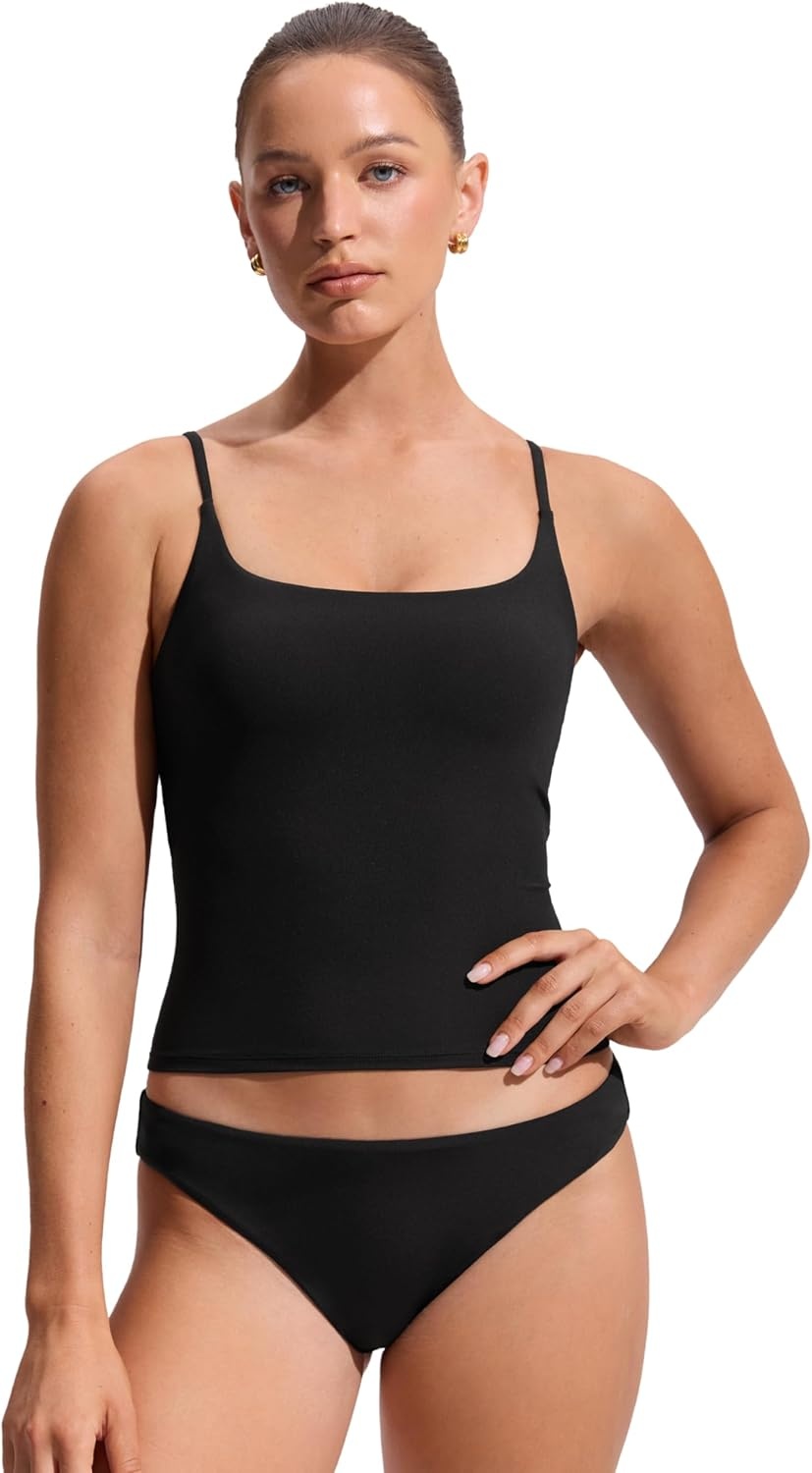 image:imageCRZ YOGA Twist Back Tankini Tops for Women Padded U Neck Bathing Suit Spaghetti Straps Swim Tank OnlyBlack