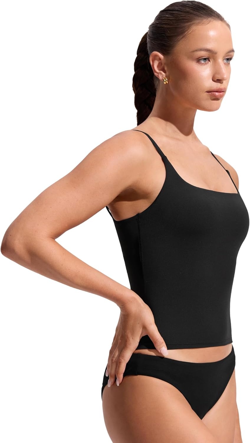 image:imageCRZ YOGA Twist Back Tankini Tops for Women Padded U Neck Bathing Suit Spaghetti Straps Swim Tank OnlyBlack