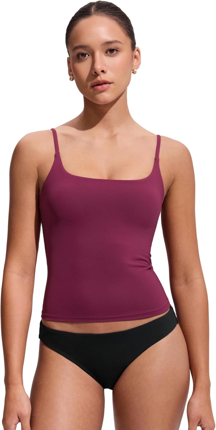 image:imageCRZ YOGA Twist Back Tankini Tops for Women Padded U Neck Bathing Suit Spaghetti Straps Swim Tank OnlyFuchsia